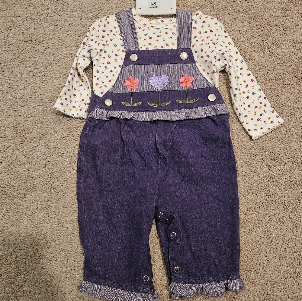 Girls 2 piece Purple overalls and white with flowers long sleeve tee